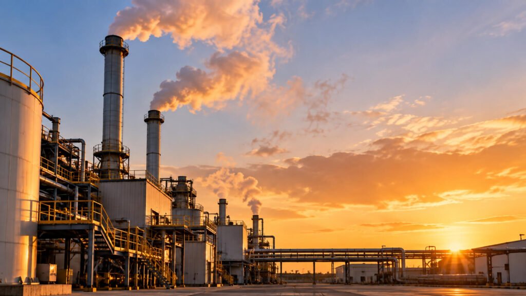 Industrial facility with smokestacks releasing emissions at sunset, with storage tanks, steel platforms, and pipe racks in the foreground