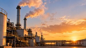 Industrial facility with smokestacks releasing emissions at sunset, with storage tanks, steel platforms, and pipe racks in the foreground