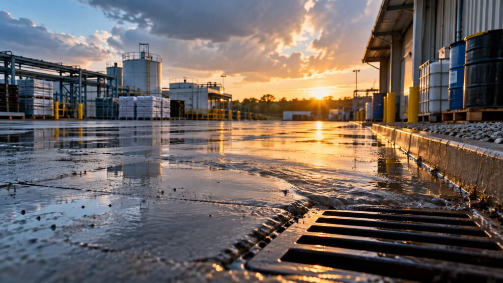 Stormwater runoff flowing across a wet industrial yard toward a storm drain, past outdoor drums, totes, and stored materials