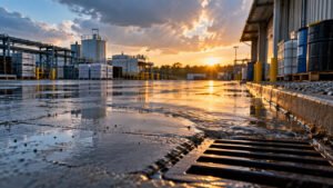 Stormwater runoff flowing across a wet industrial yard toward a storm drain, past outdoor drums, totes, and stored materials